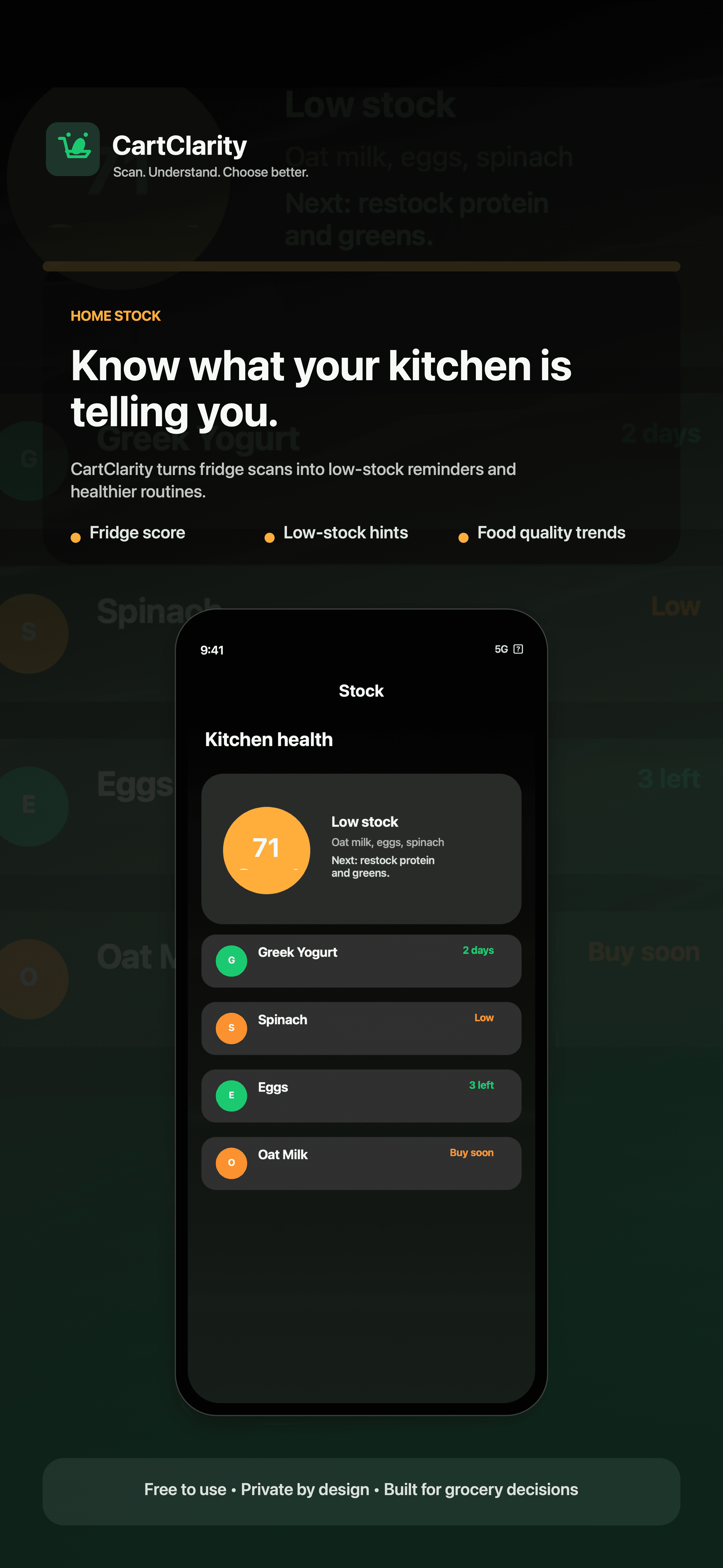 CartClarity home stock and health summary screen